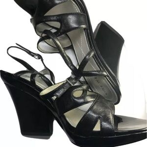 Nine West Black High Heel Wedge Sandals 9.5M